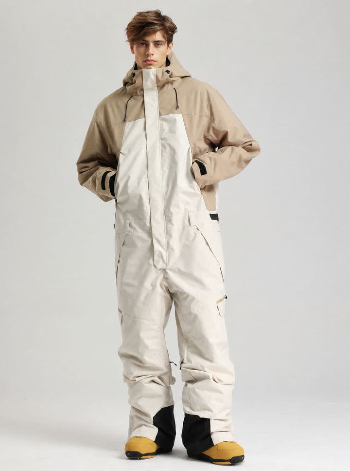 Men's Khaki & White Thermal Color-Blocked Cargo Baggy One-Piece Ski Suit