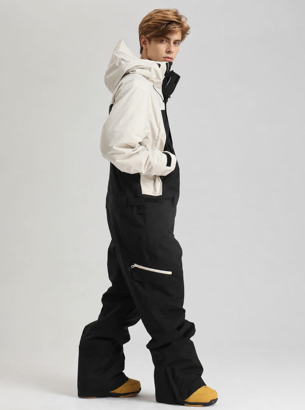 Men's Black & White Waterproof Two-Tone Utility Relaxed One-Piece Ski Suit
