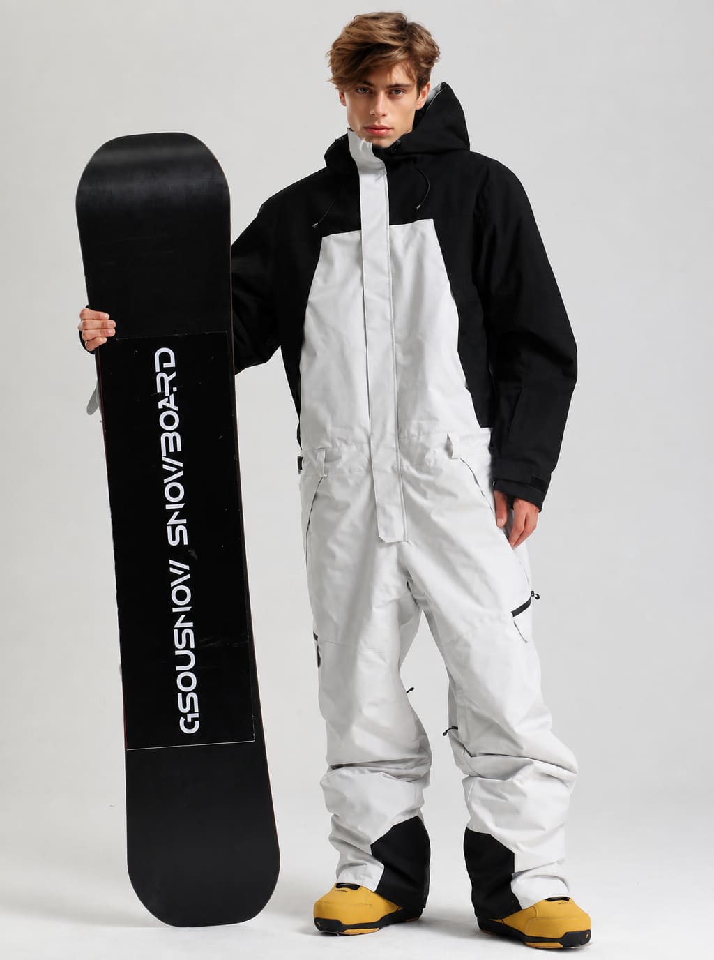 Men's Black & White Waterproof Two-Tone Utility Relaxed One-Piece Ski Suit
