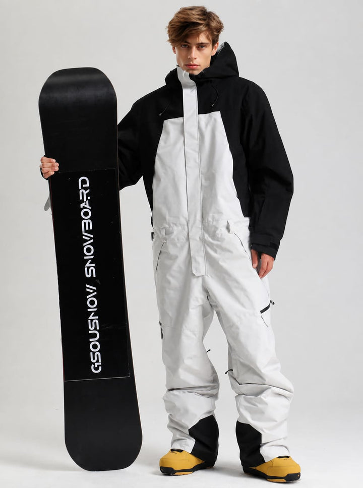 Men's Black & White Waterproof Two-Tone Utility Relaxed One-Piece Ski Suit