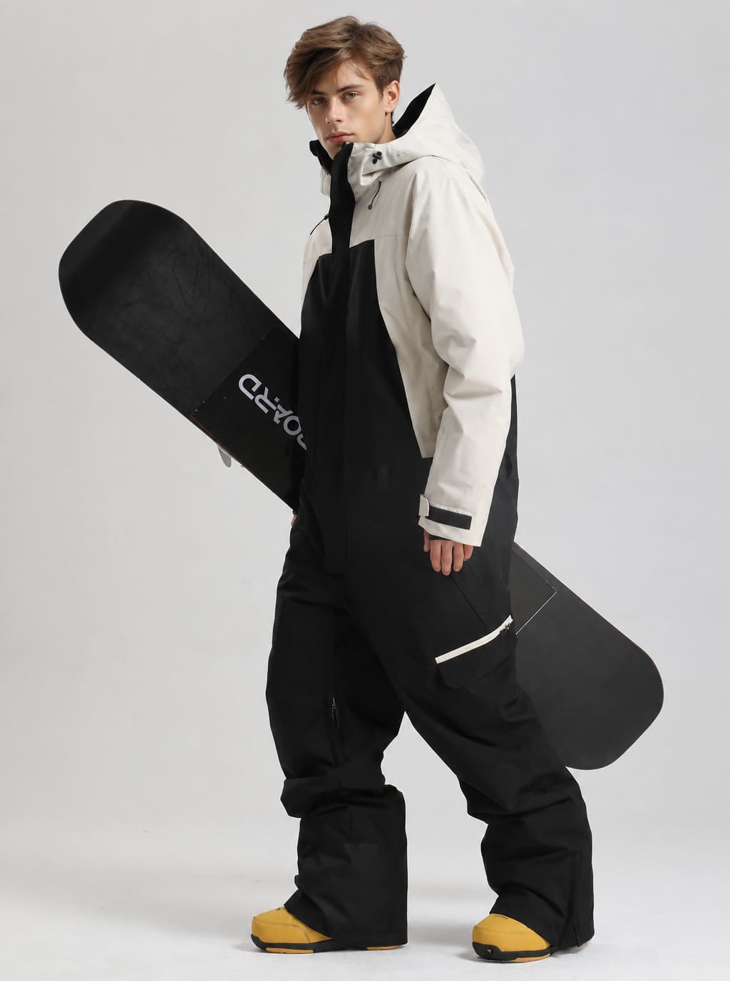 Men's Black & White Waterproof Two-Tone Utility Relaxed One-Piece Ski Suit