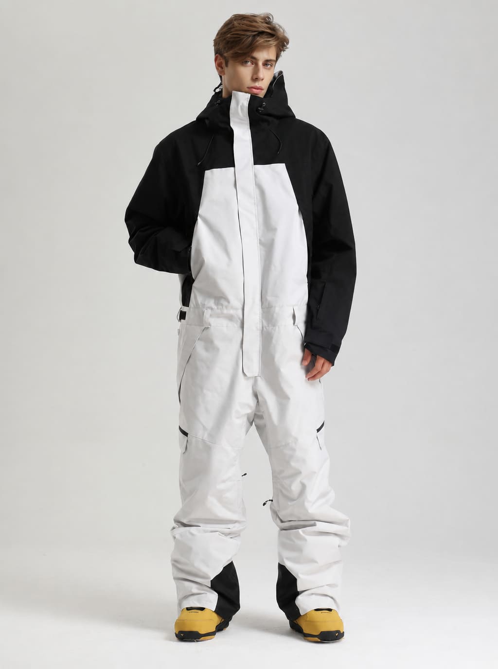 Men's Black & White Waterproof Two-Tone Utility Relaxed One-Piece Ski Suit