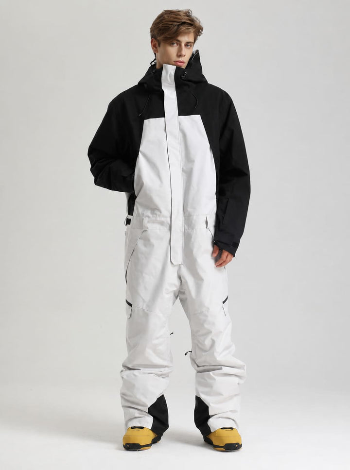 Men's Black & White Waterproof Two-Tone Utility Relaxed One-Piece Ski Suit