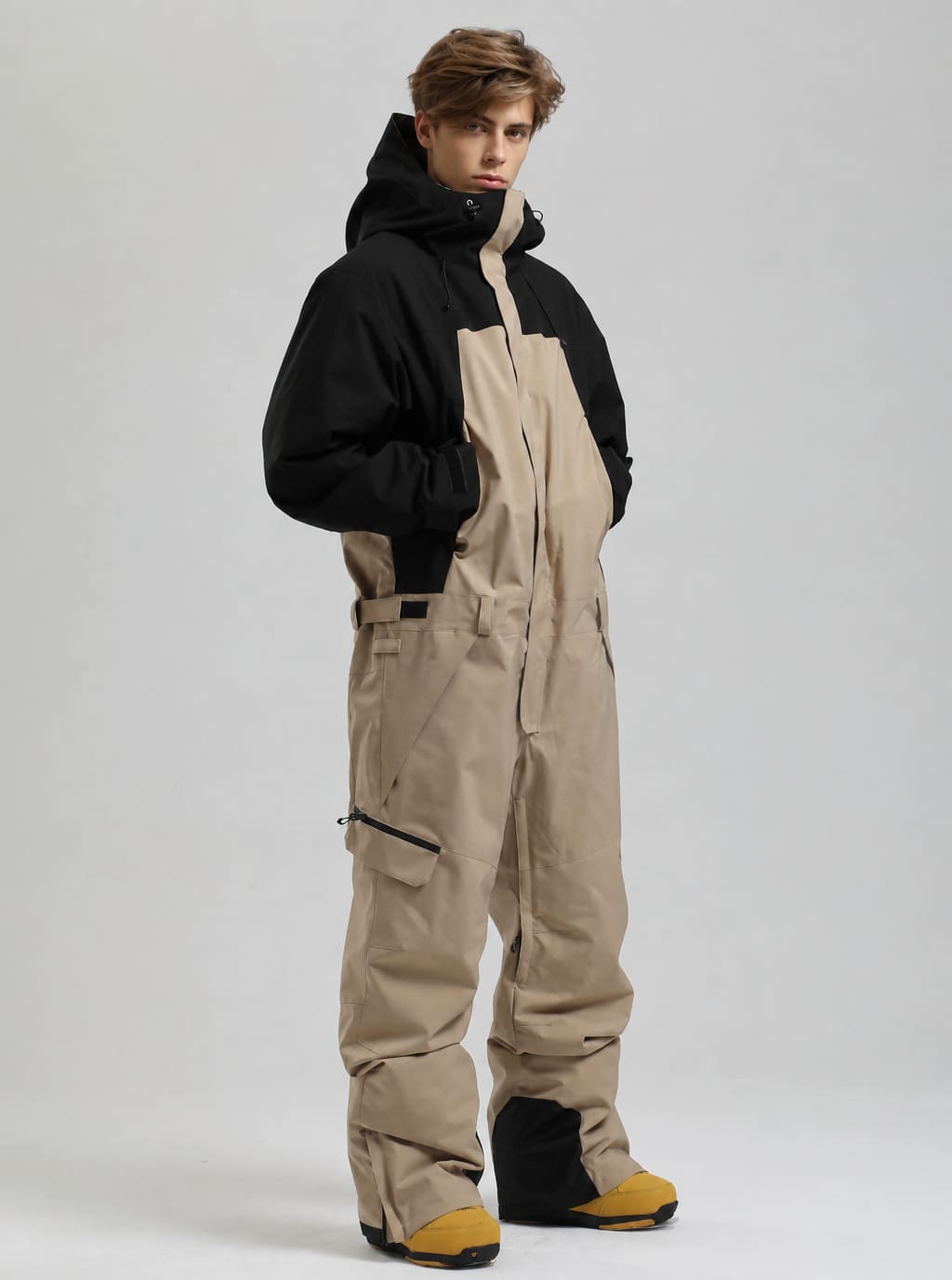 Men's Black & Khaki Windproof Contrast-Panel Functional Loose One-Piece Ski Suit