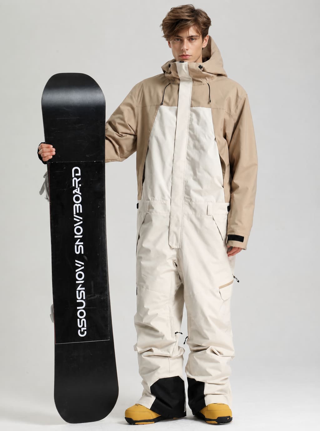 Men's Khaki & White Thermal Color-Blocked Cargo Baggy One-Piece Ski Suit