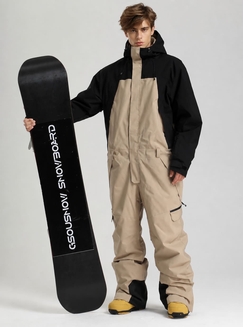 Men's Black & Khaki Windproof Contrast-Panel Functional Loose One-Piece Ski Suit