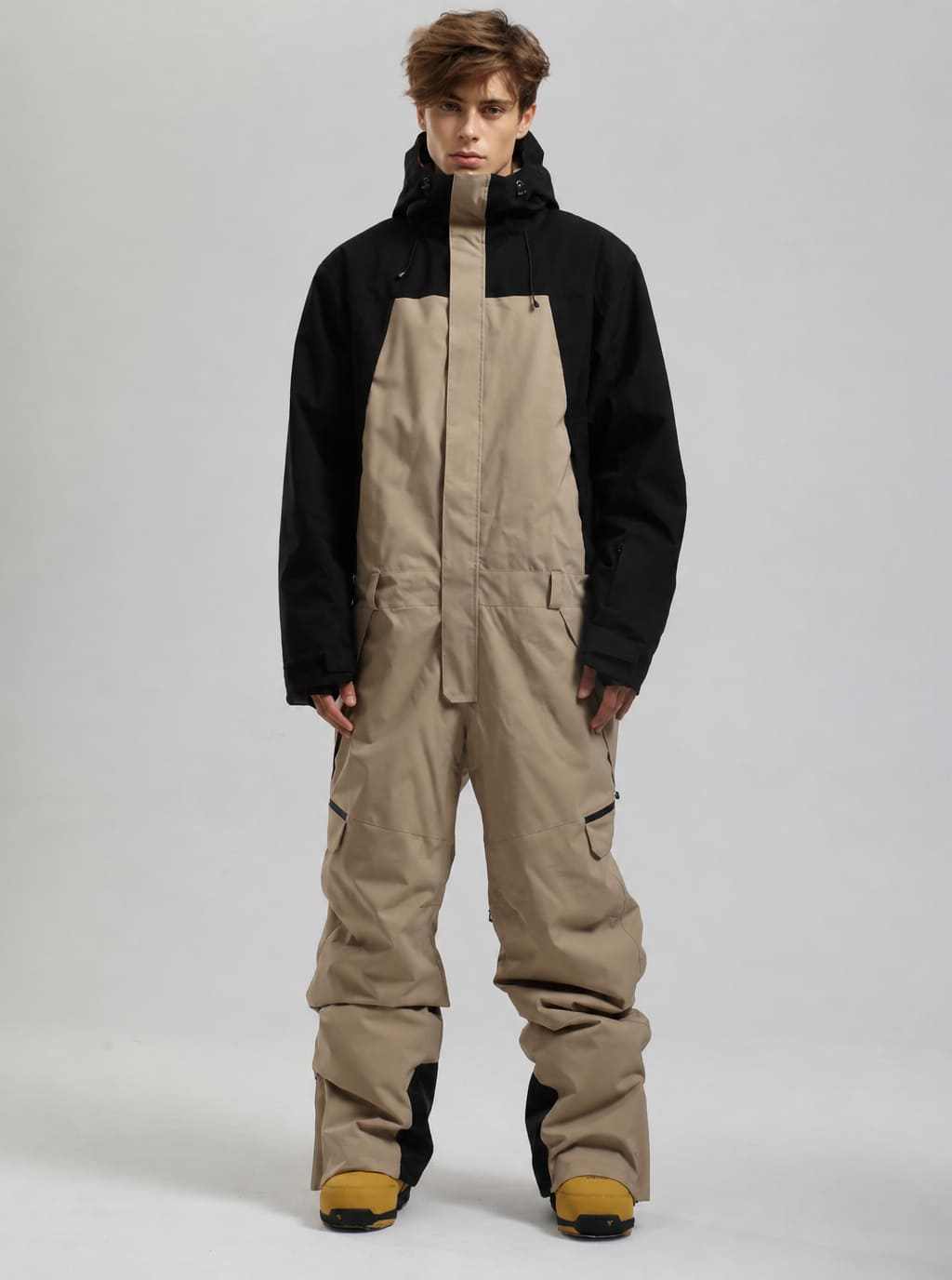 Men's Black & Khaki Windproof Contrast-Panel Functional Loose One-Piece Ski Suit