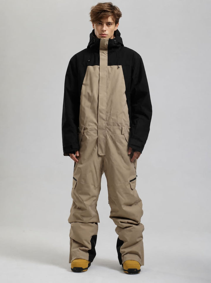 Men's Black & Khaki Windproof Contrast-Panel Functional Loose One-Piece Ski Suit