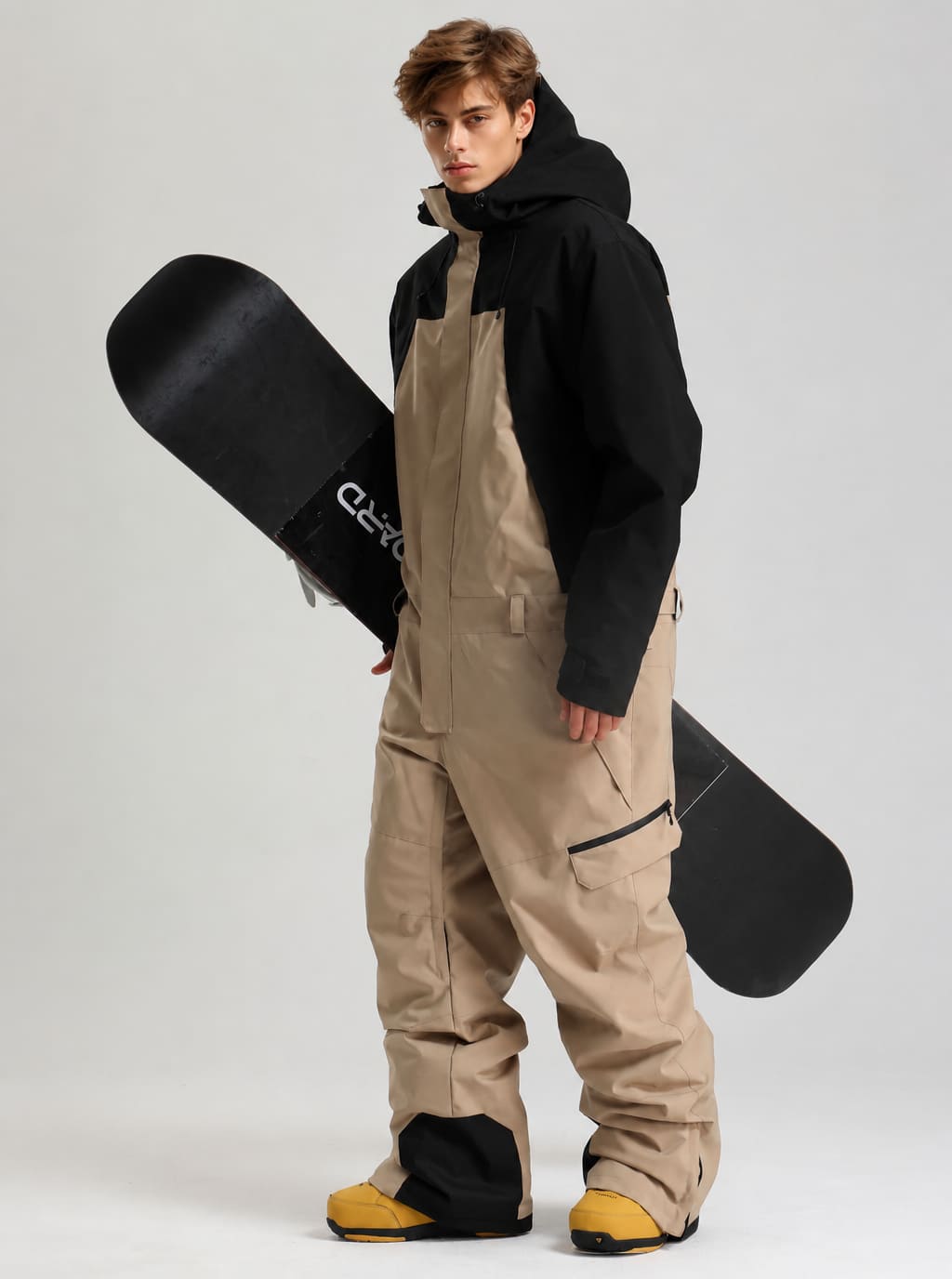 Men's Black & Khaki Windproof Contrast-Panel Functional Loose One-Piece Ski Suit