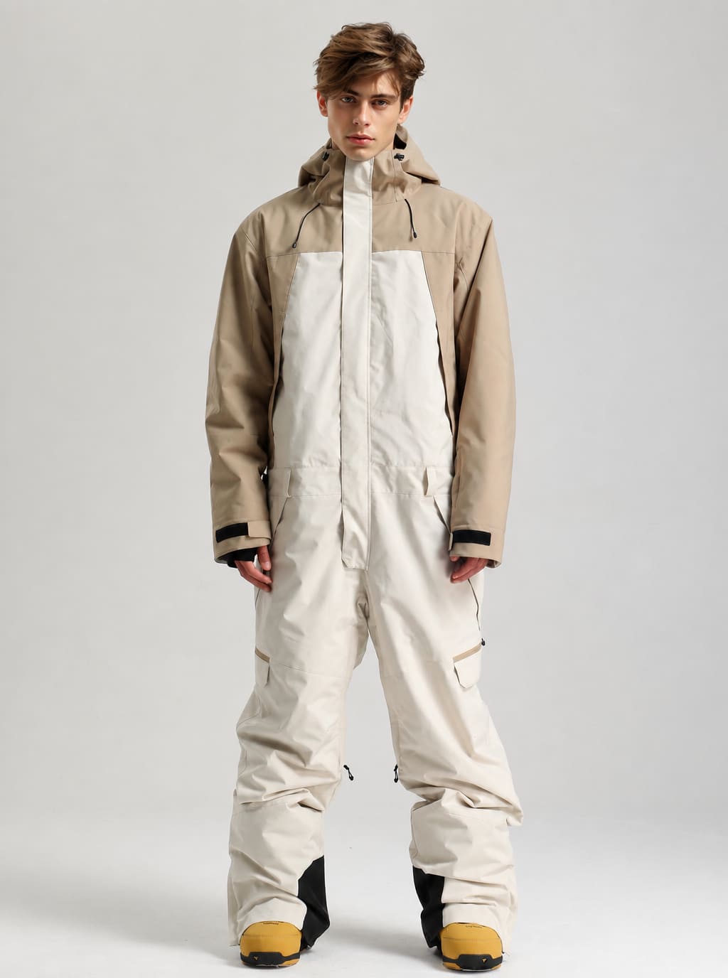 Men's Khaki & White Thermal Color-Blocked Cargo Baggy One-Piece Ski Suit