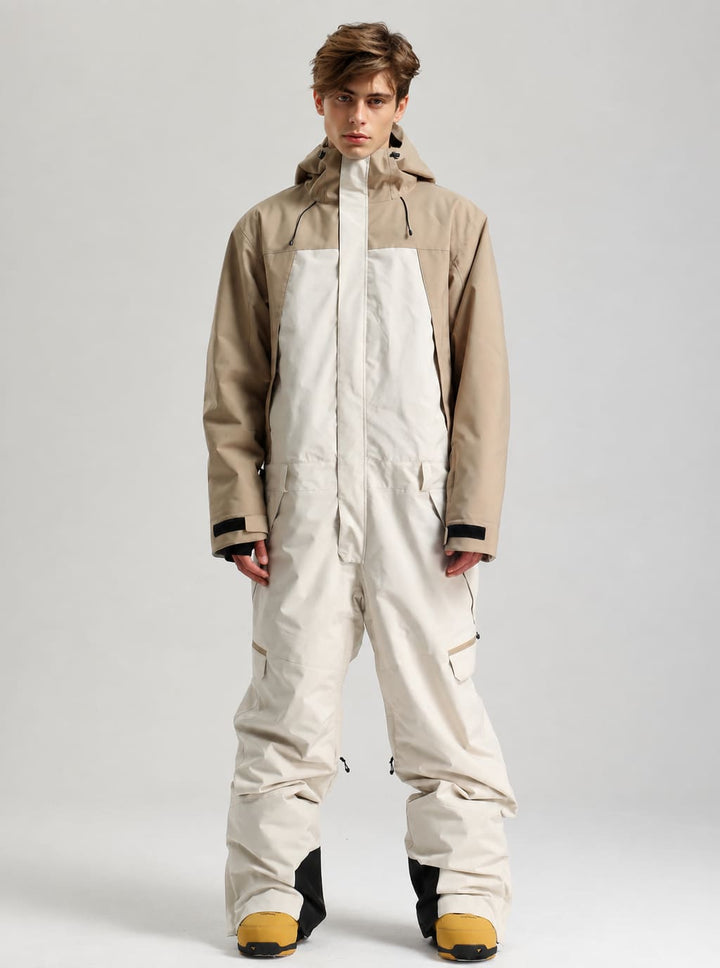 Men's Khaki & White Thermal Color-Blocked Cargo Baggy One-Piece Ski Suit