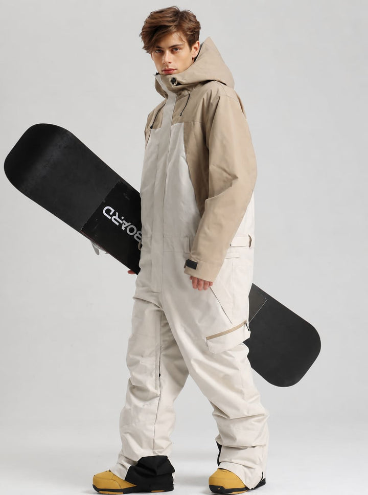 Men's Khaki & White Thermal Color-Blocked Cargo Baggy One-Piece Ski Suit