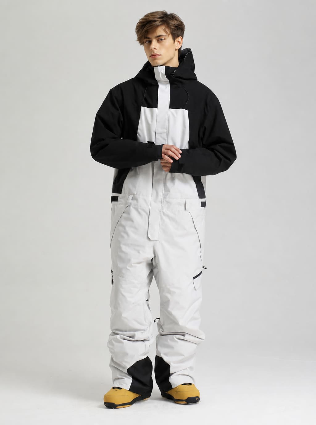 Men's Black & White Waterproof Two-Tone Utility Relaxed One-Piece Ski Suit