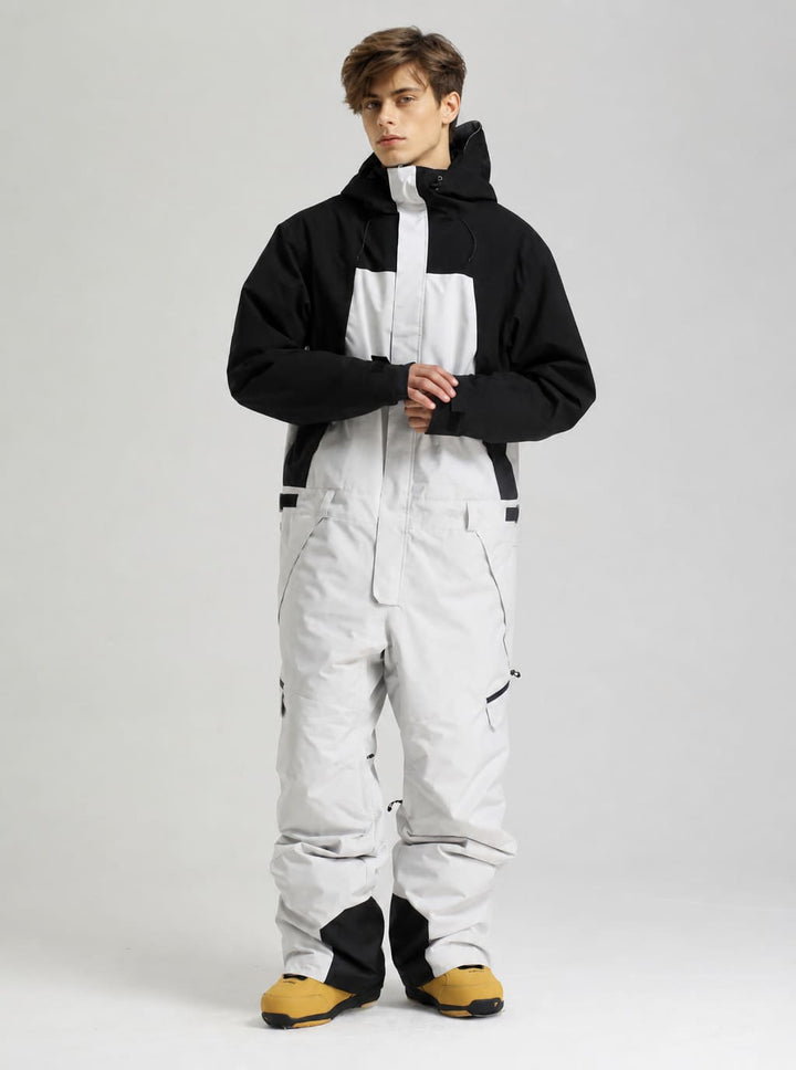Men's Black & White Waterproof Two-Tone Utility Relaxed One-Piece Ski Suit