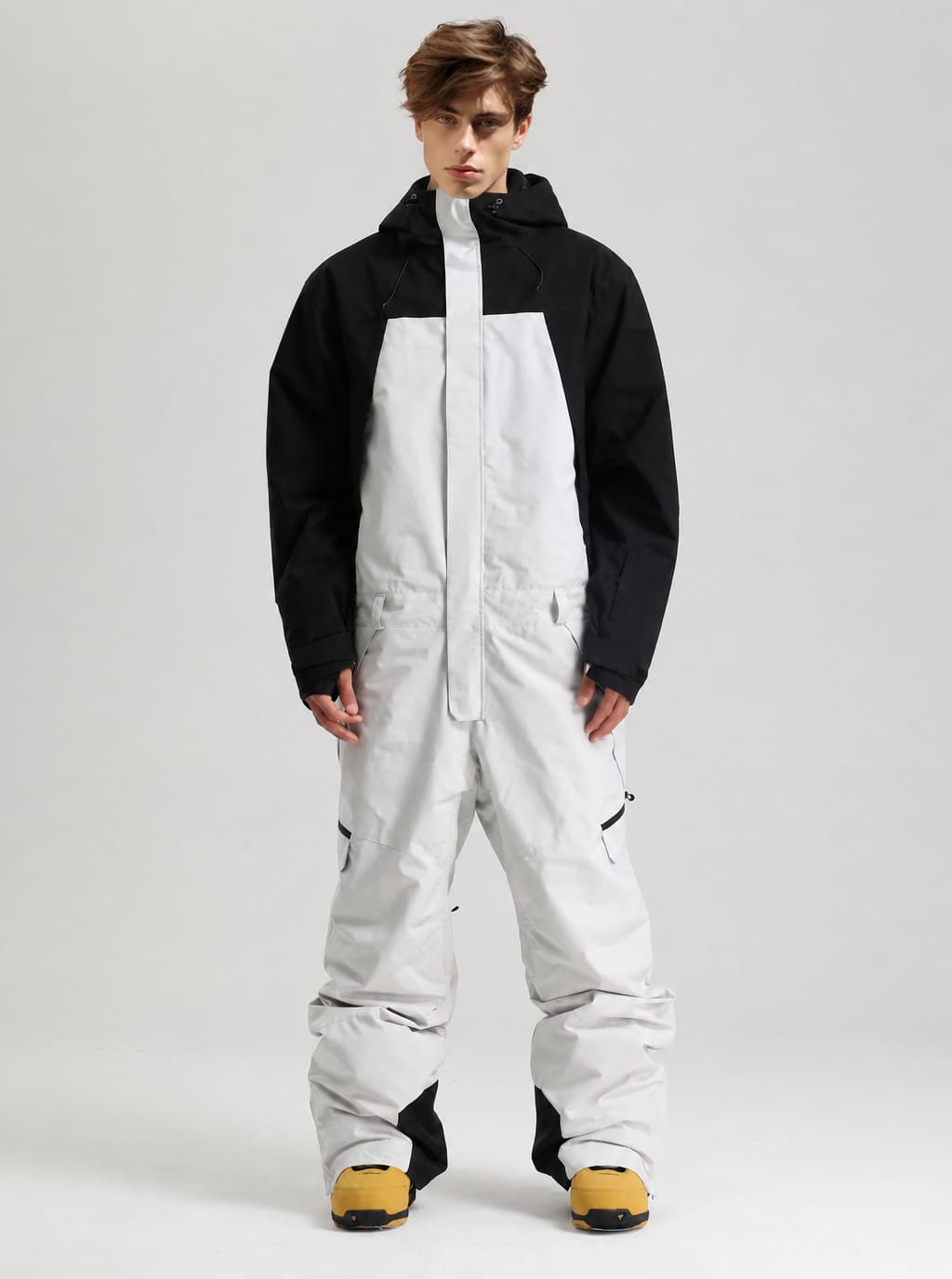 Men's Black & White Waterproof Two-Tone Utility Relaxed One-Piece Ski Suit