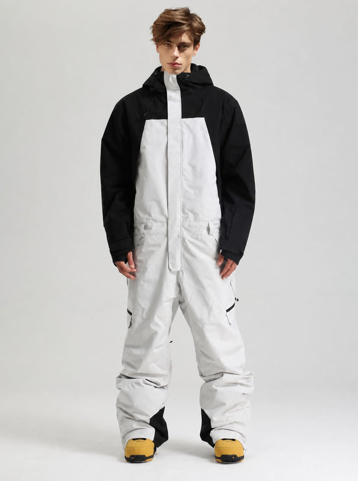Men's Black & White Waterproof Two-Tone Utility Relaxed One-Piece Ski Suit