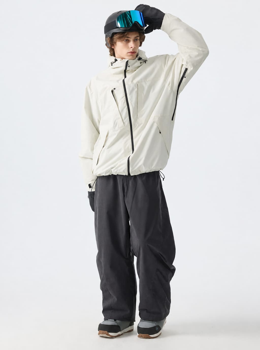 Men's Classic Black Windproof Brushed-Fleece Wide-Leg Barrel Snow Pants