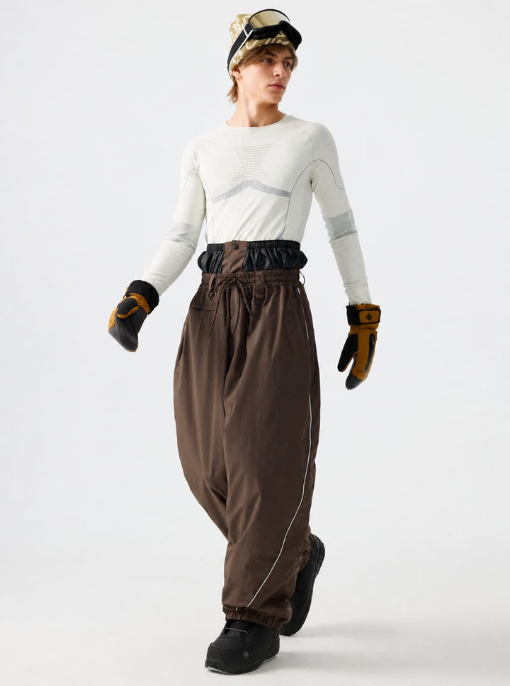 Men's Earthy Brown Waterproof Reflective-Piped Cargo Drawstring Snow Pants