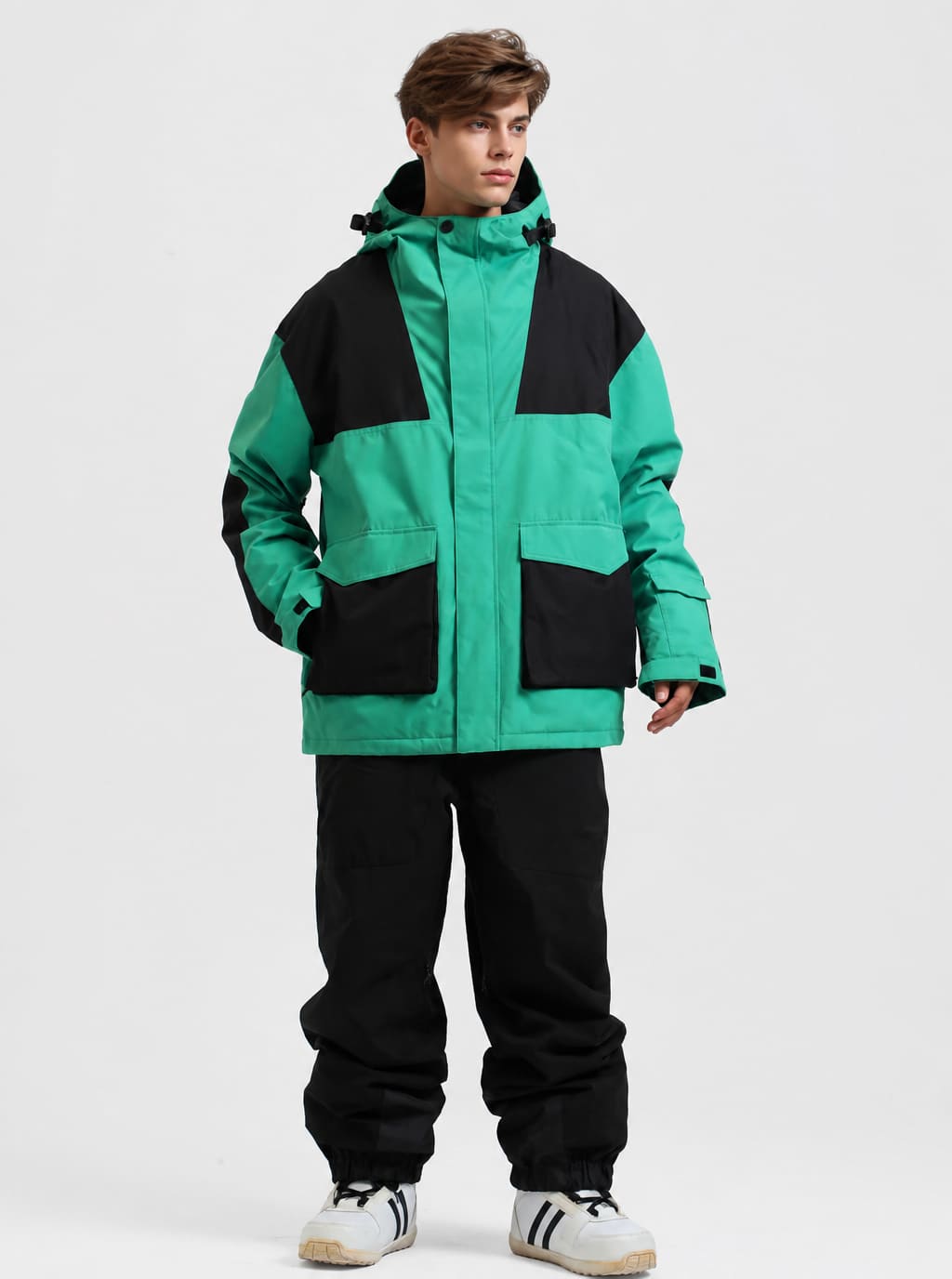 Men's Green & Black Heavy-Duty Abrasion-Resistant Hooded Technical Snow Jacket