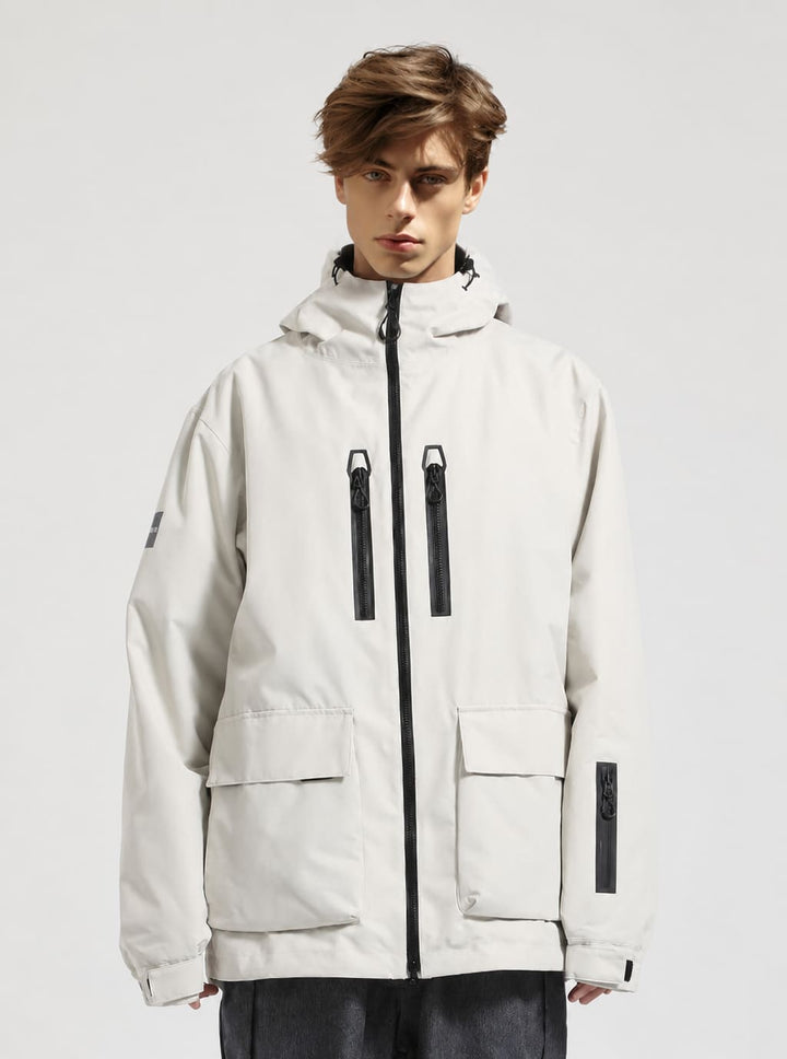 Men's Cream Beige Fully Seam-Sealed Dual-Zipper Waterproof Snow Jacket