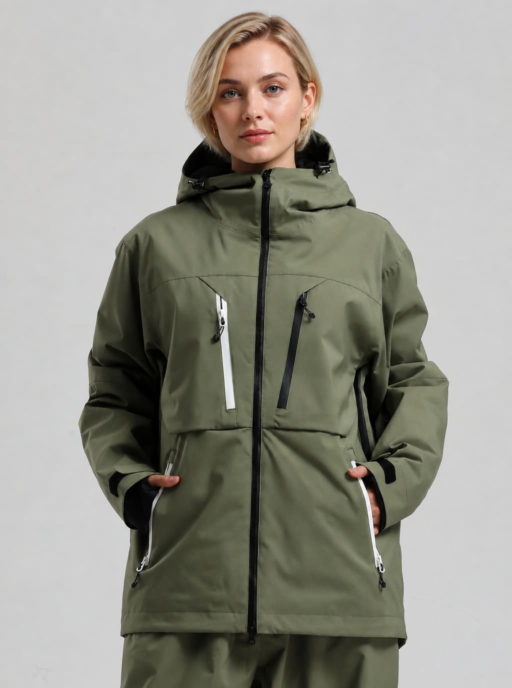 Women's Army Green Contrast-Zipper Fully Seam-Taped Insulated Snow Jacket