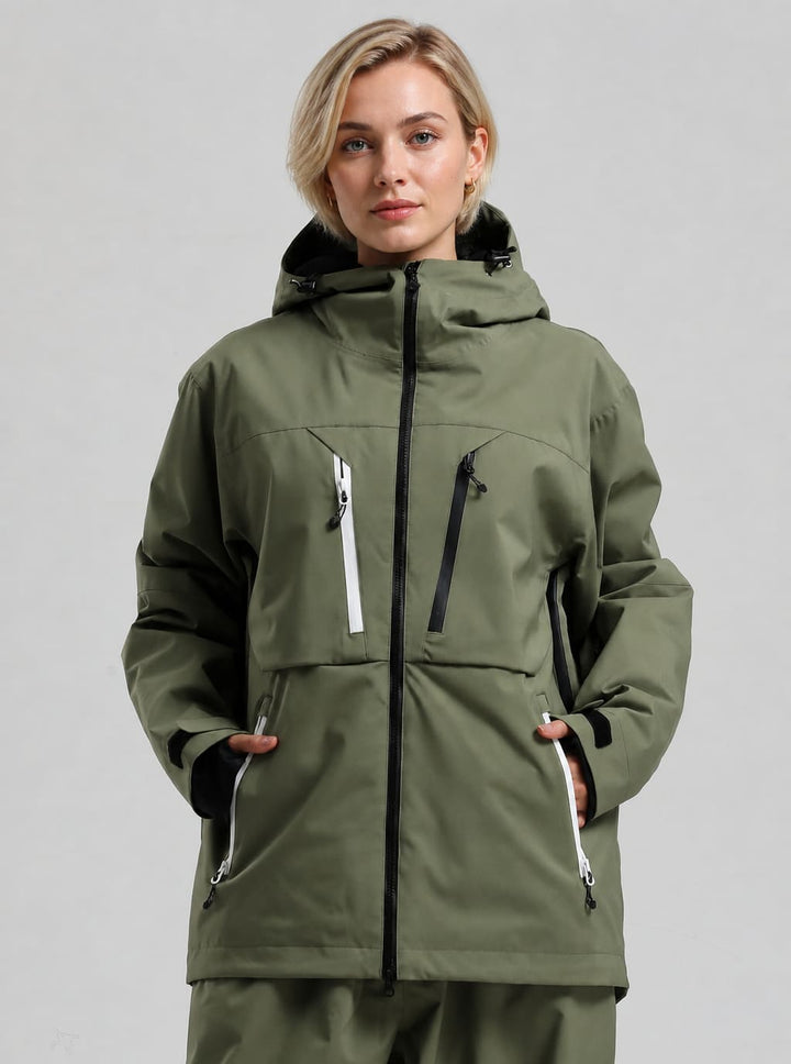 Women's Army Green Contrast-Zipper Fully Seam-Taped Insulated Snow Jacket