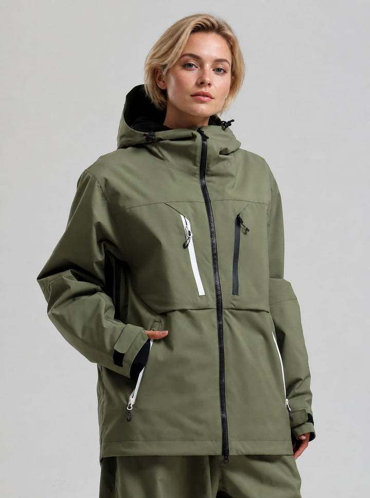 Women's Army Green Contrast-Zipper Fully Seam-Taped Insulated Snow Jacket