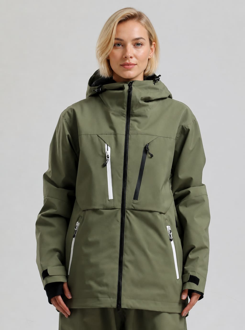 Women's Army Green Contrast-Zipper Fully Seam-Taped Insulated Snow Jacket