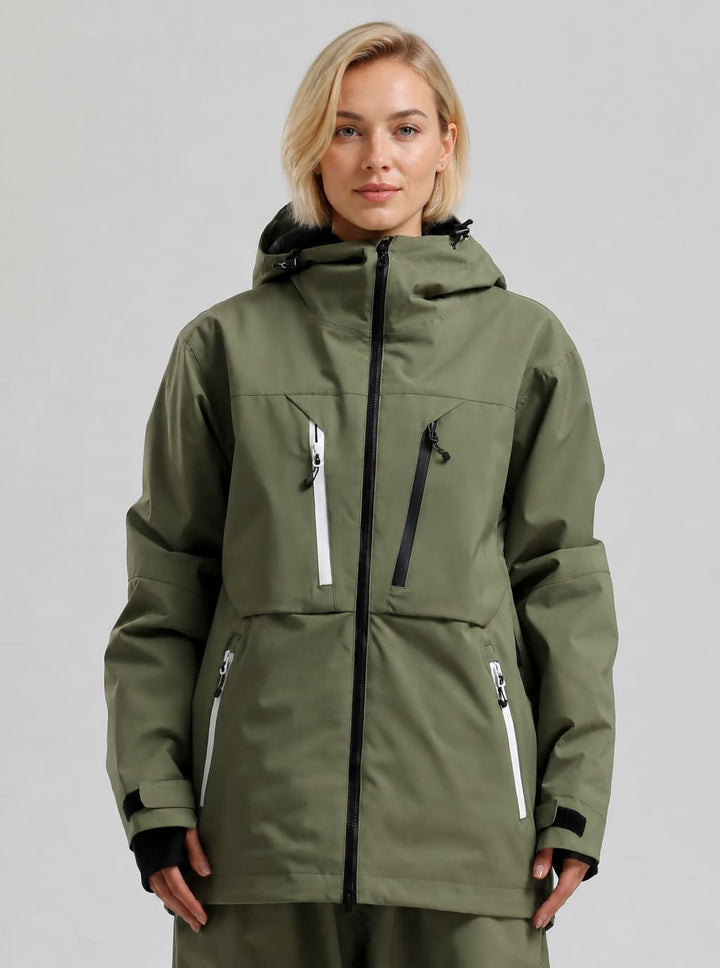 Women's Army Green Contrast-Zipper Fully Seam-Taped Insulated Snow Jacket