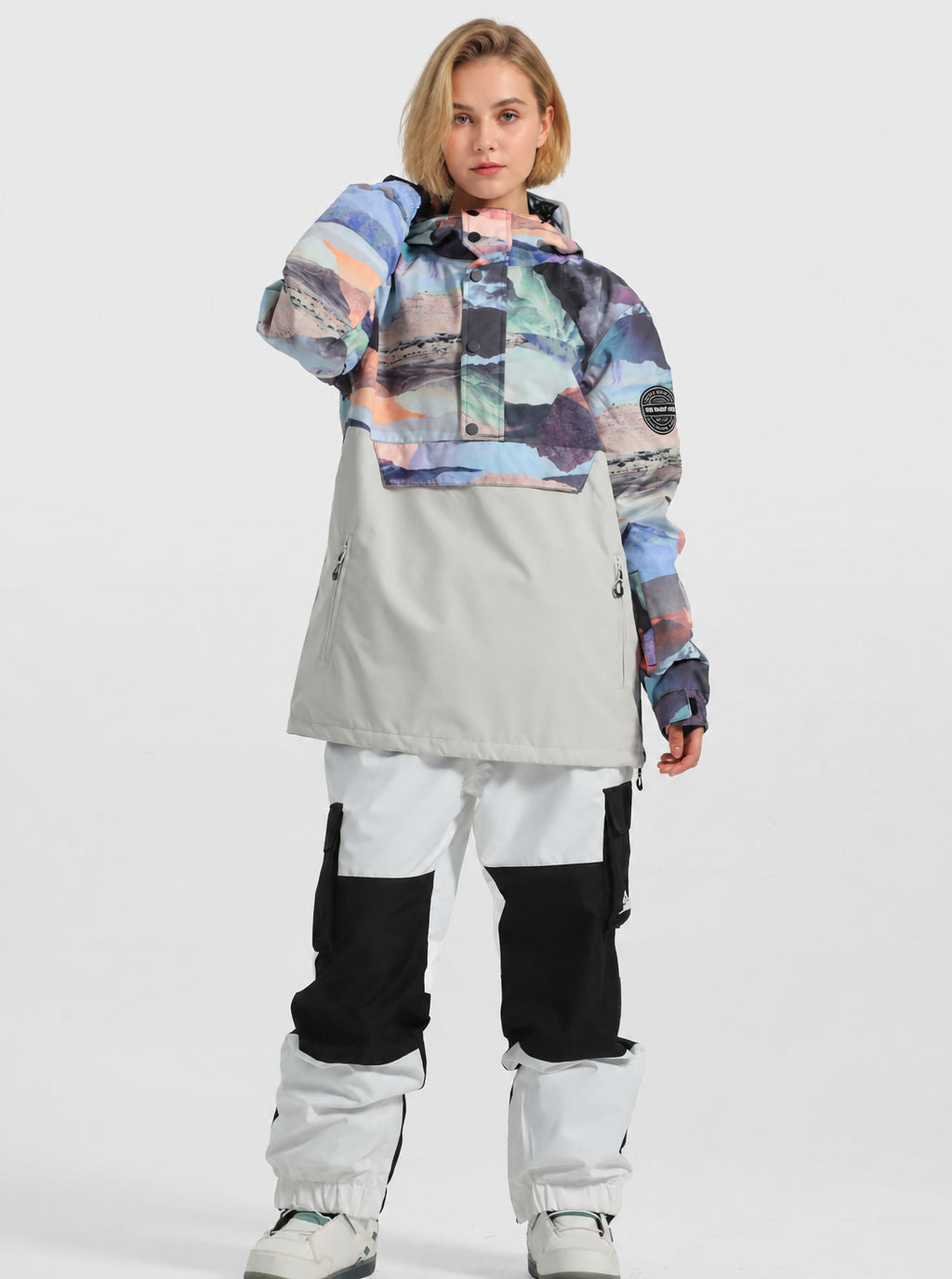 Women's Icy Blue Tie-Dye Waterproof Multi-Snap Pullover Snow Anorak