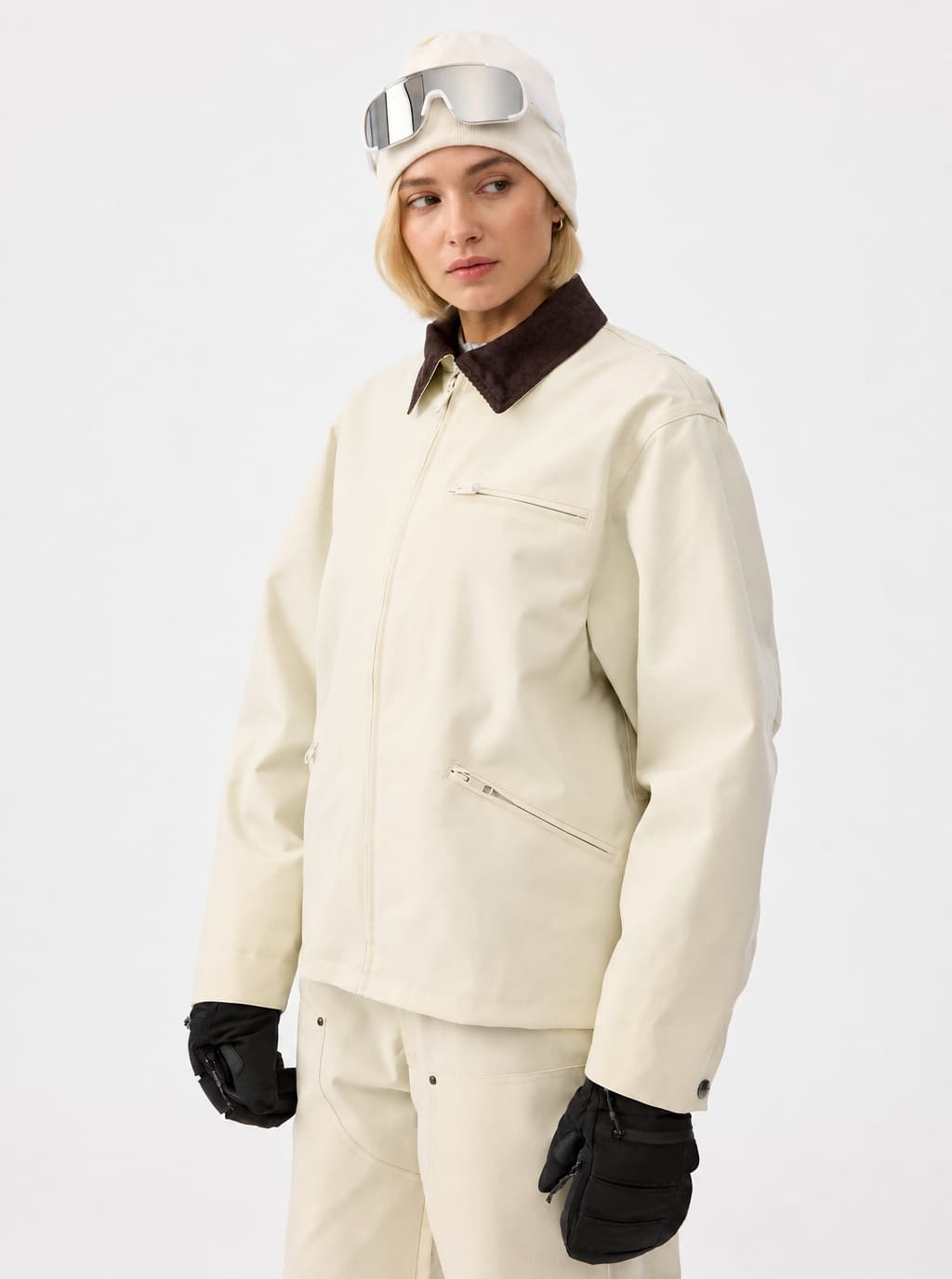 Women's Off-White Corduroy-Collar Boxy Insulated Heavyweight Snow Jacket