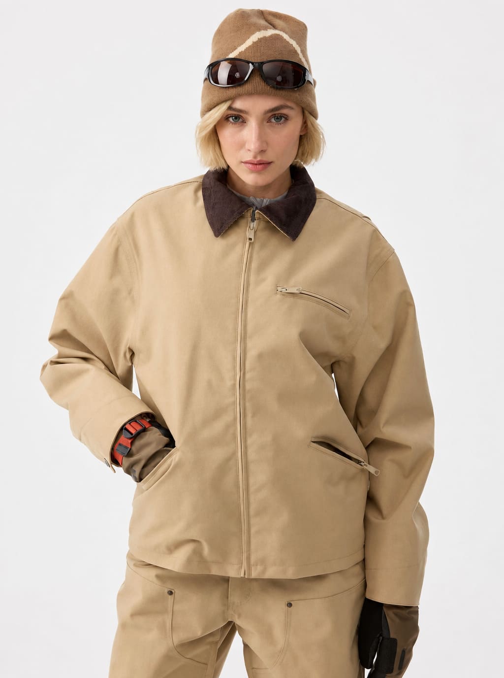 Women's Off-White Corduroy-Collar Boxy Insulated Heavyweight Snow Jacket