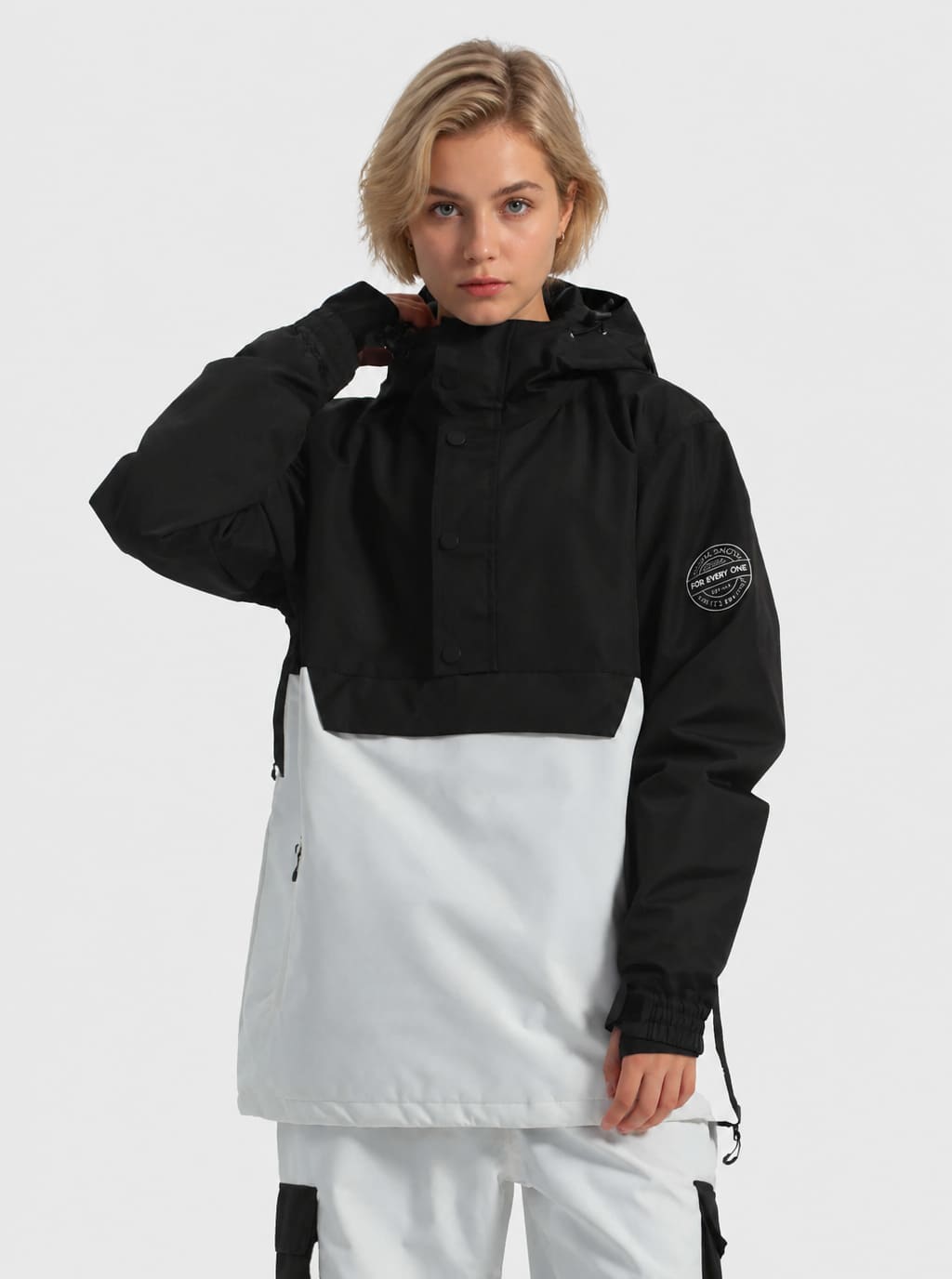 Women's Matte Black Windproof Multi-Snap Flap-Pocket Loose Snow Anorak