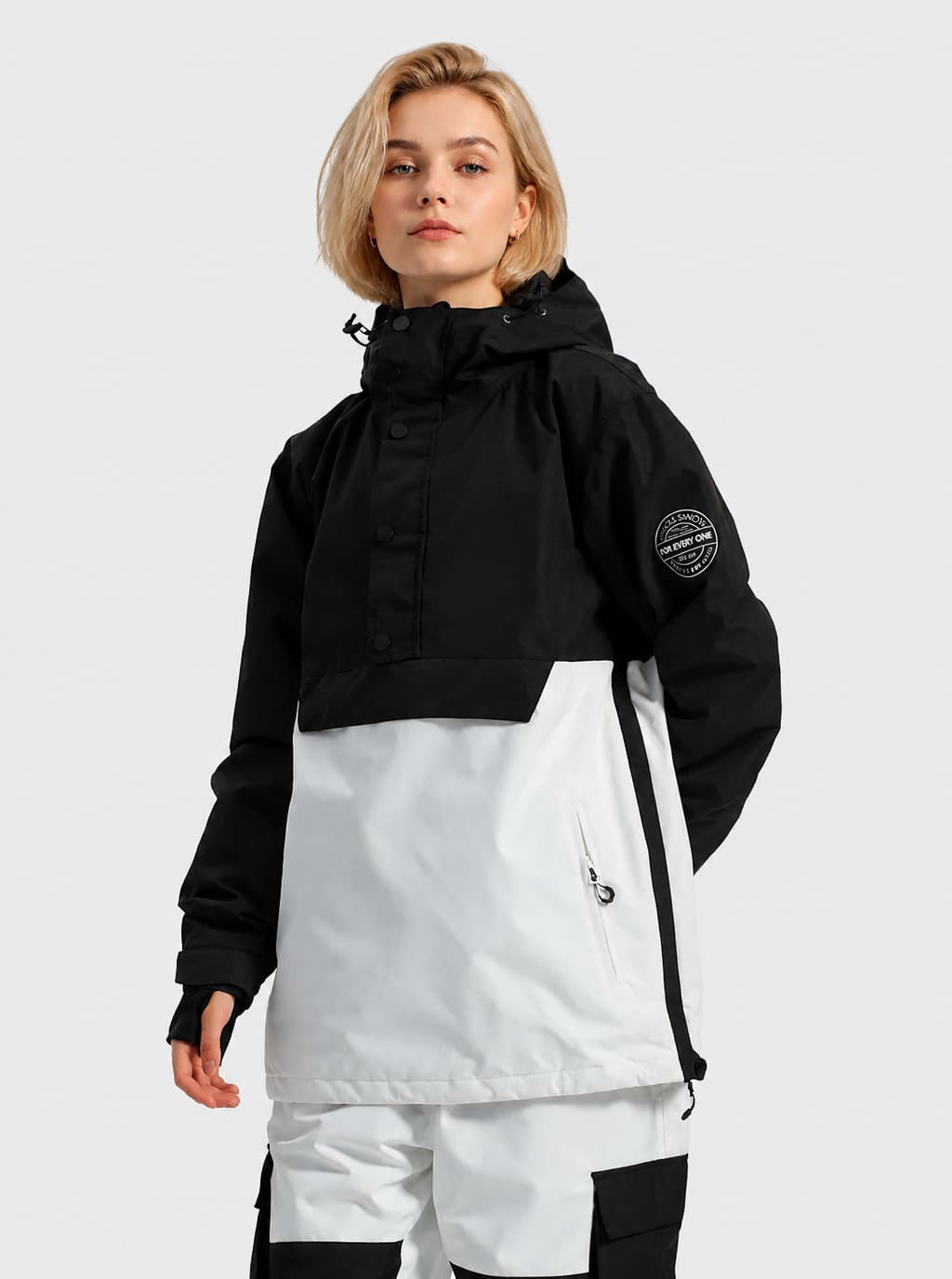 Women's Matte Black Windproof Multi-Snap Flap-Pocket Loose Snow Anorak