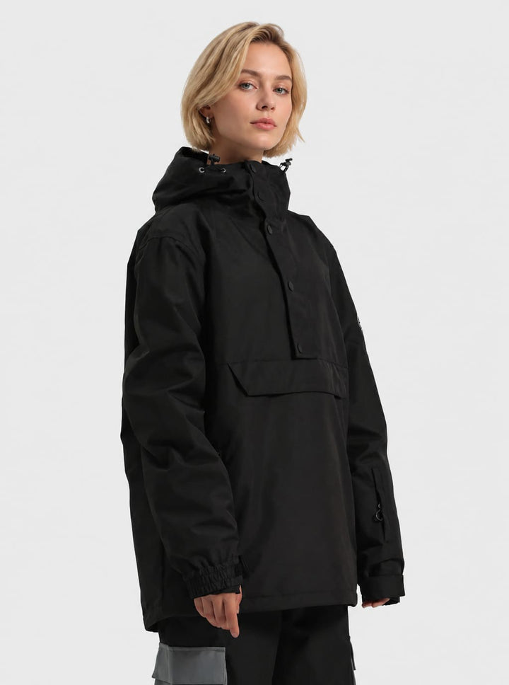 Women's Matte Black Windproof Multi-Snap Flap-Pocket Loose Snow Anorak