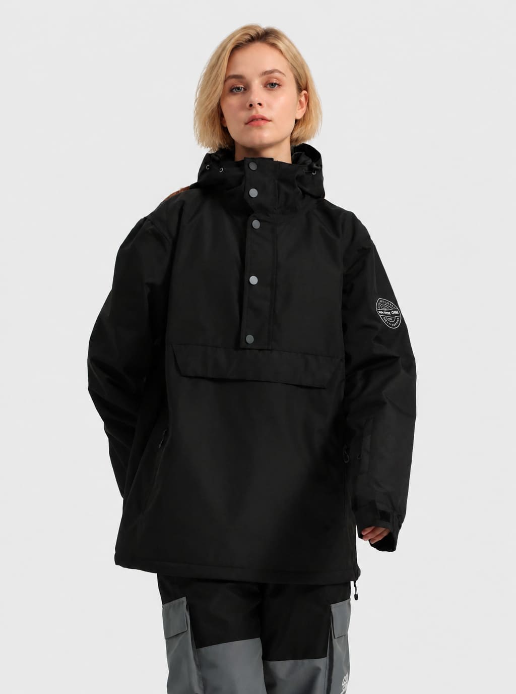Women's Matte Black Windproof Multi-Snap Flap-Pocket Loose Snow Anorak