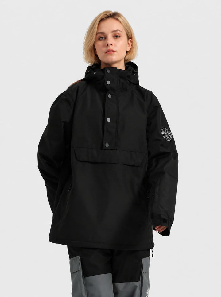 Women's Matte Black Windproof Multi-Snap Flap-Pocket Loose Snow Anorak