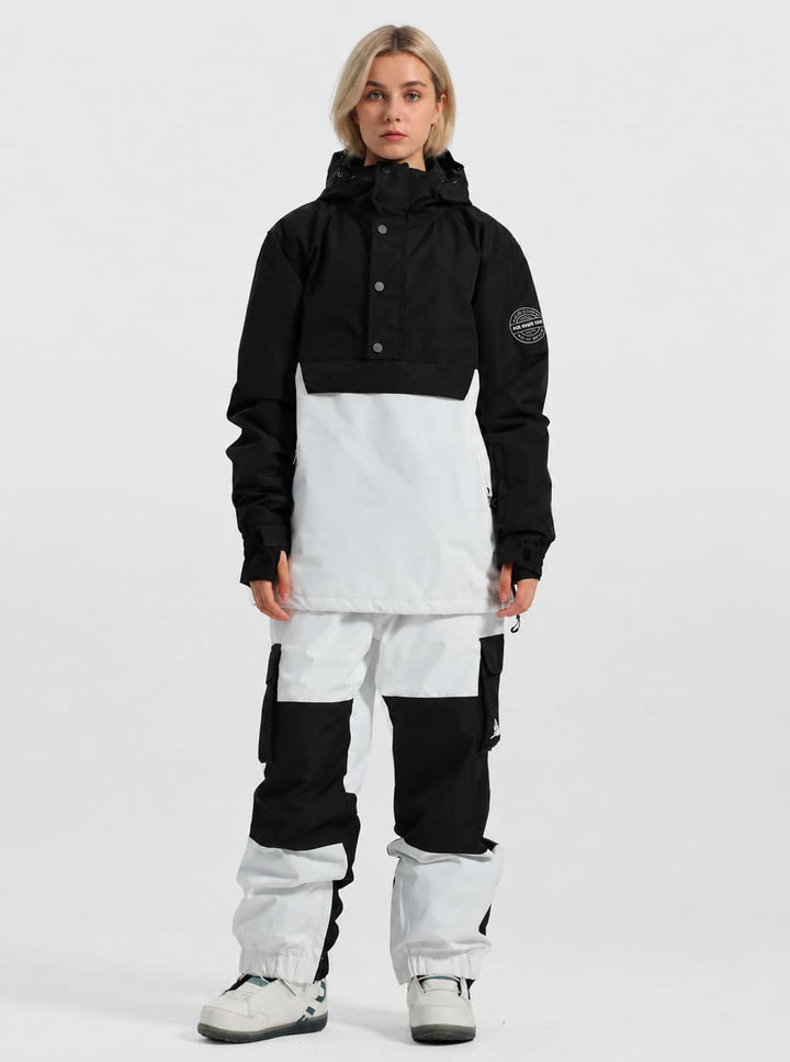 Women's Matte Black Windproof Multi-Snap Flap-Pocket Loose Snow Anorak