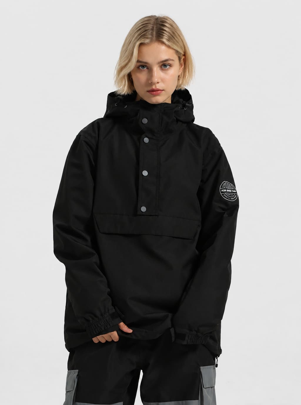 Women's Matte Black Windproof Multi-Snap Flap-Pocket Loose Snow Anorak