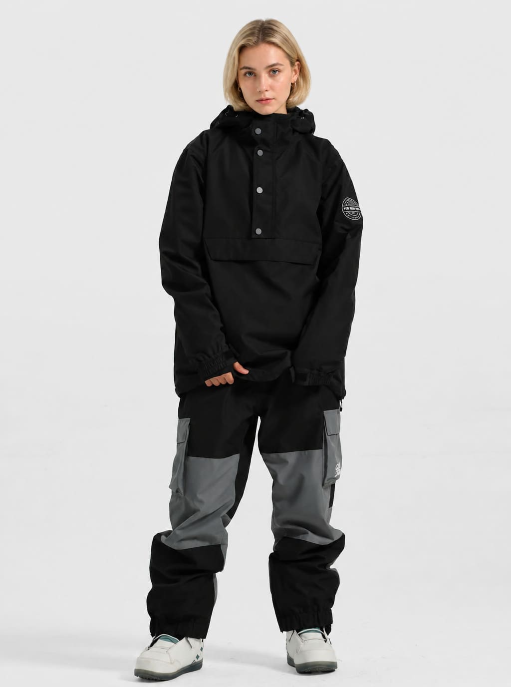 Women's Matte Black Windproof Multi-Snap Flap-Pocket Loose Snow Anorak