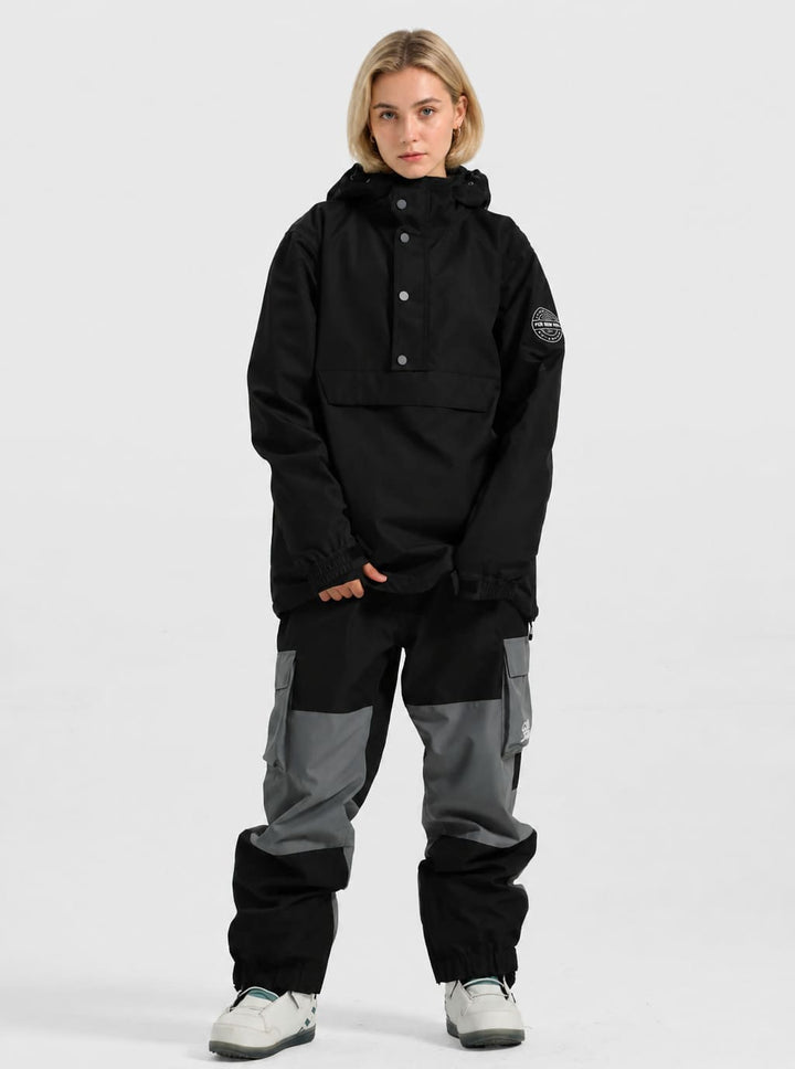 Women's Matte Black Windproof Multi-Snap Flap-Pocket Loose Snow Anorak