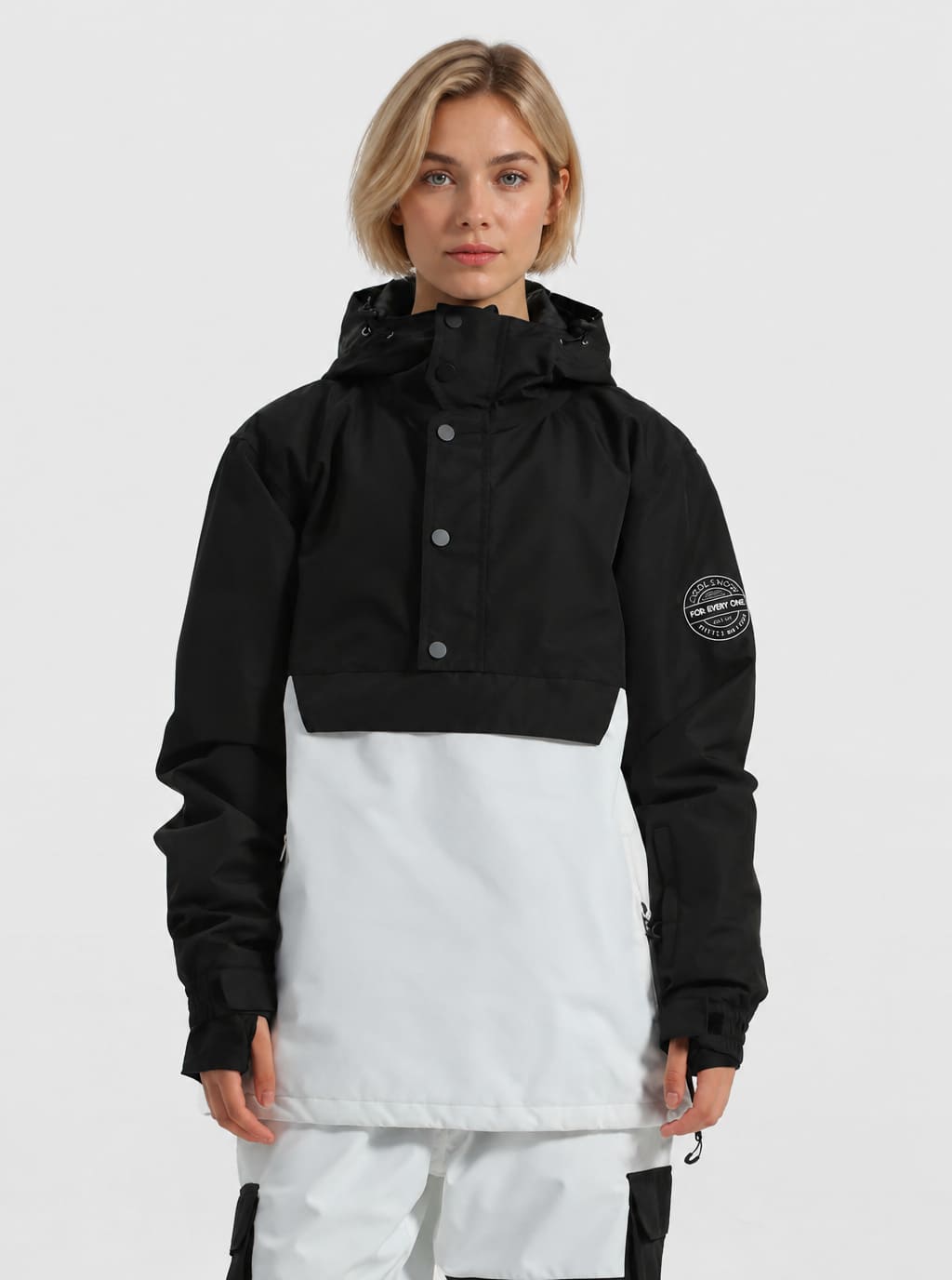 Women's Matte Black Windproof Multi-Snap Flap-Pocket Loose Snow Anorak
