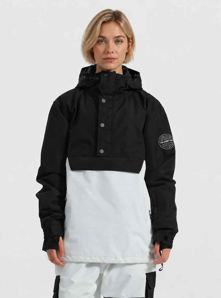 Women's Matte Black Windproof Multi-Snap Flap-Pocket Loose Snow Anorak