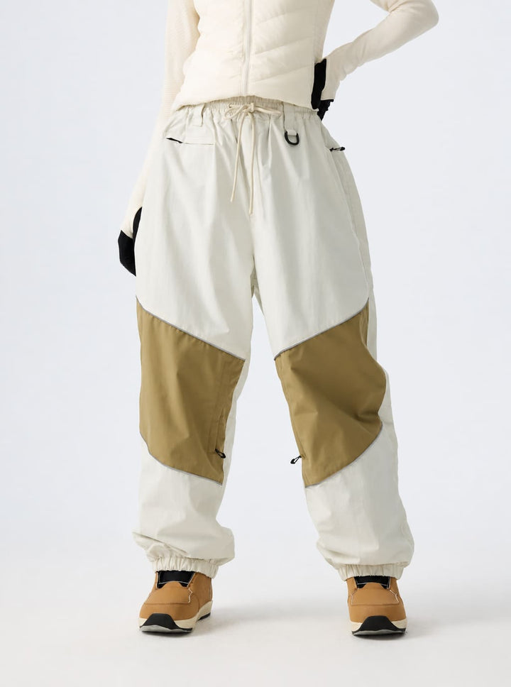 Women's Off-White & Khaki Patchwork Reflective Loose Cargo Snow Pants
