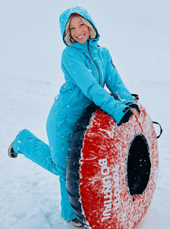 Women's Celeste Blue All-Weather Breathable Belted Hooded One-Piece Ski Suit
