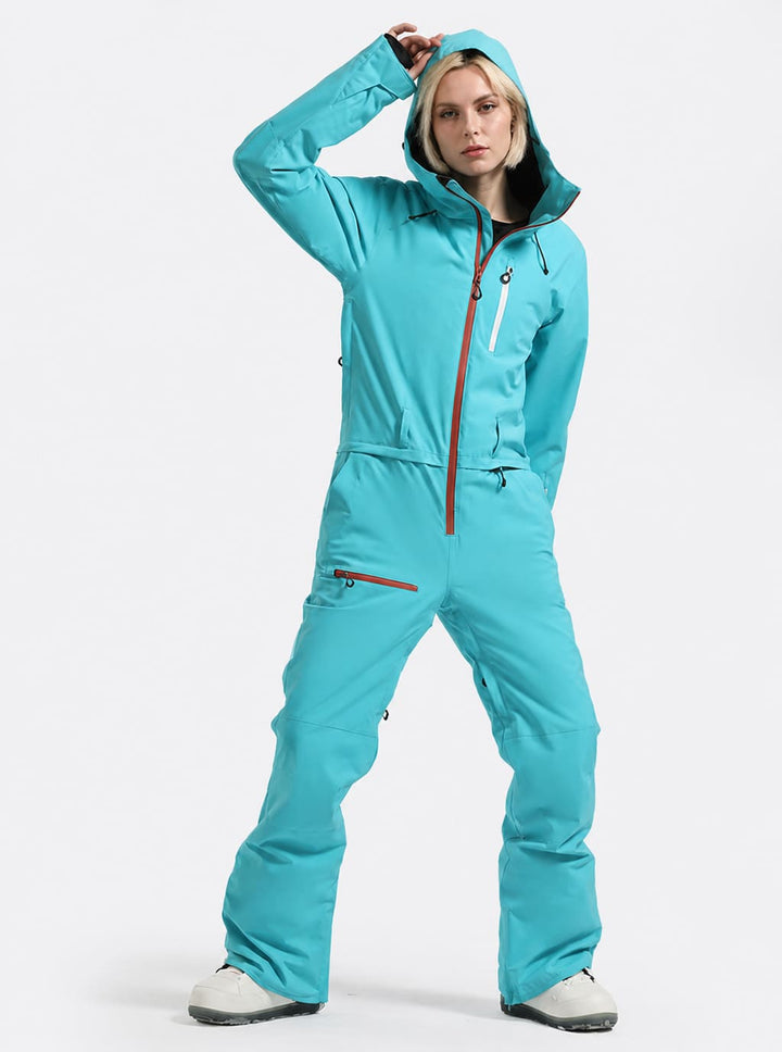 Women's Celeste Blue All-Weather Breathable Belted Hooded One-Piece Ski Suit