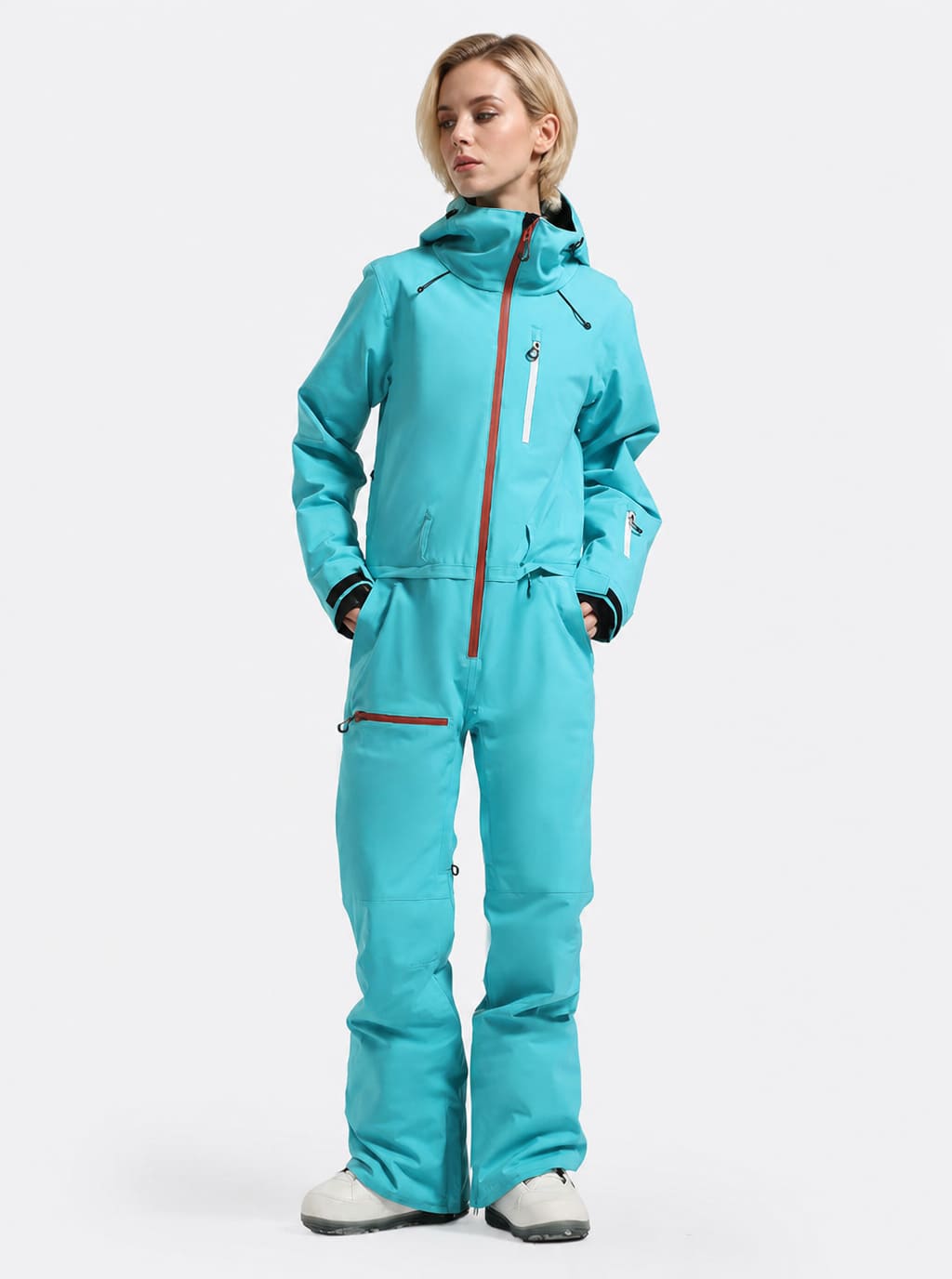 Women's Celeste Blue All-Weather Breathable Belted Hooded One-Piece Ski Suit