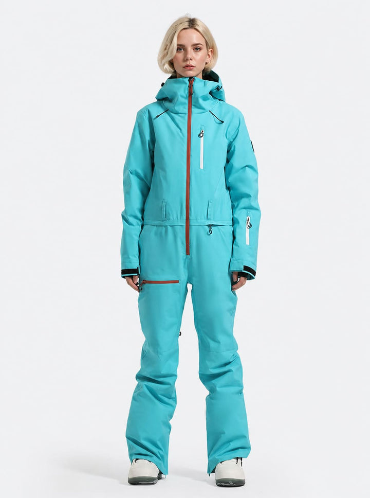 Women's Celeste Blue All-Weather Breathable Belted Hooded One-Piece Ski Suit