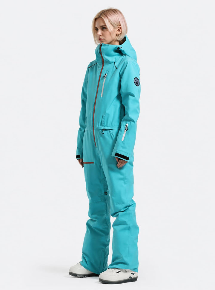 Women's Celeste Blue All-Weather Breathable Belted Hooded One-Piece Ski Suit