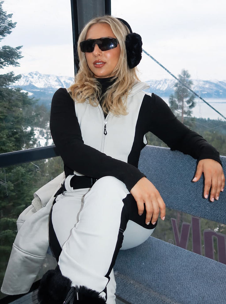 Women's Off-White & Black Detachable Sherpa-Collar Belted Slim One-Piece Ski Suit